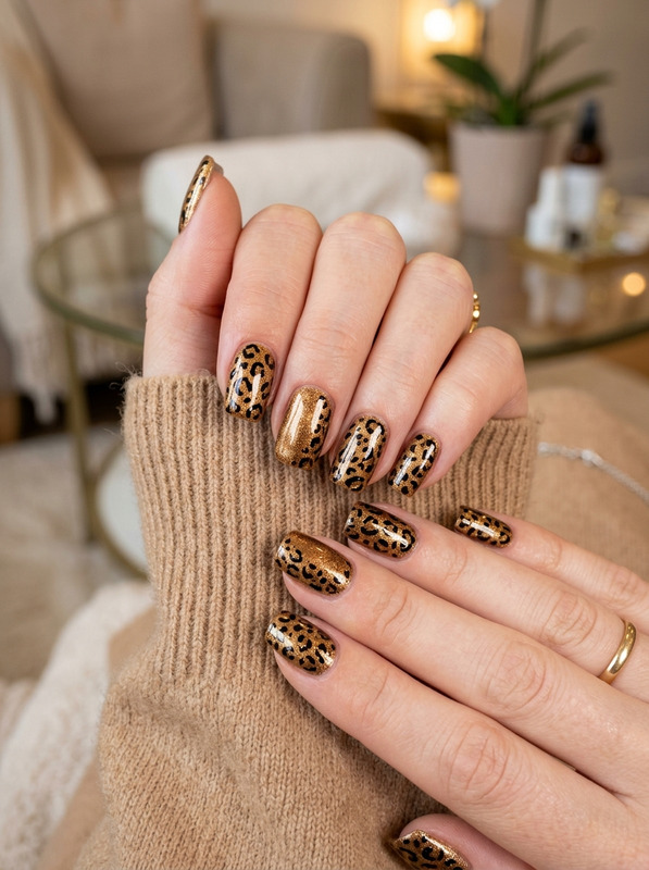 Золотистый леопард с теплым шиммером (Warm Shimmer Leopard Squoval)