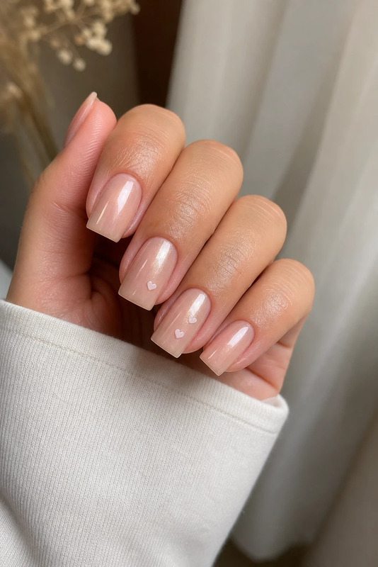 Глянцевый нюд с жемчужным блеском и микро-сердцами (Glazed Nude & Minimalist Hearts)